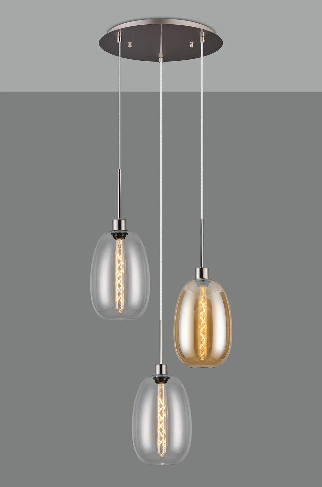Lori 40cm Round Pendant, 3 Light Adjustable E27, Satin Nickel/Clear/Amber Slim Curved Trapezium Shades DK1364  Deco Lori Satin Nickel